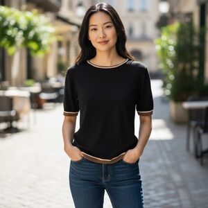 EXCLUSIVELY MISOOK PREPPY KNIT PULLOVER BLACK TOP TRIMMED IN TAN & BROWN SZ M